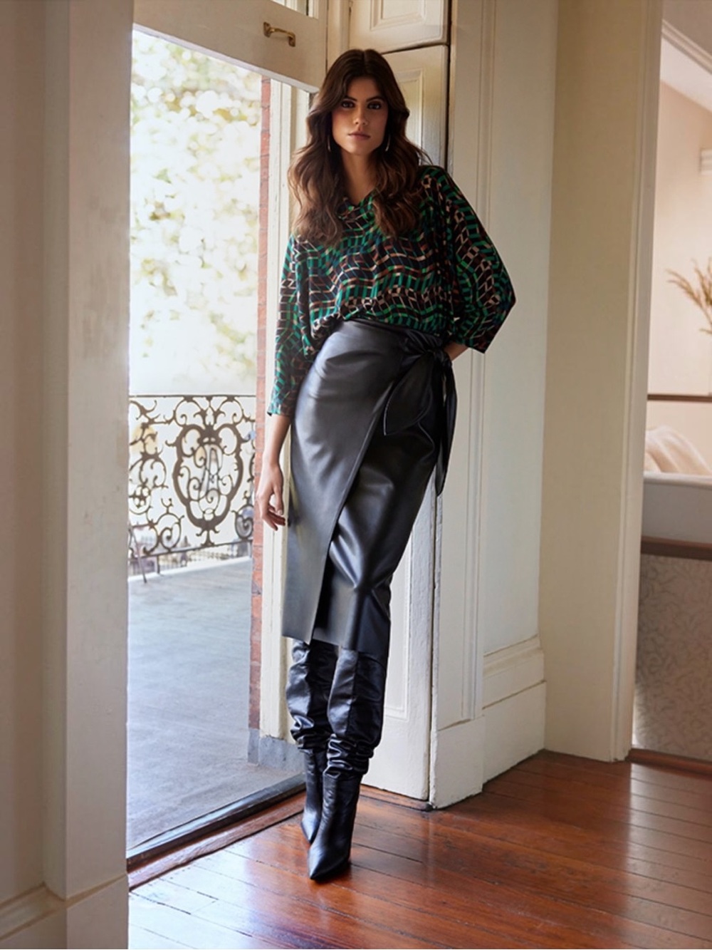Joseph Ribkoff Black Faux Leather Tie Wrap Midi Skirt